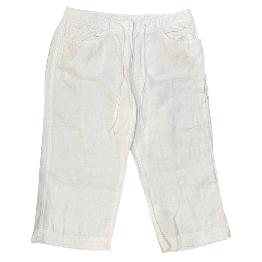 Jones New York Sport White 100% Linen Crop Pants Womens 14 Drawstring High Rise
